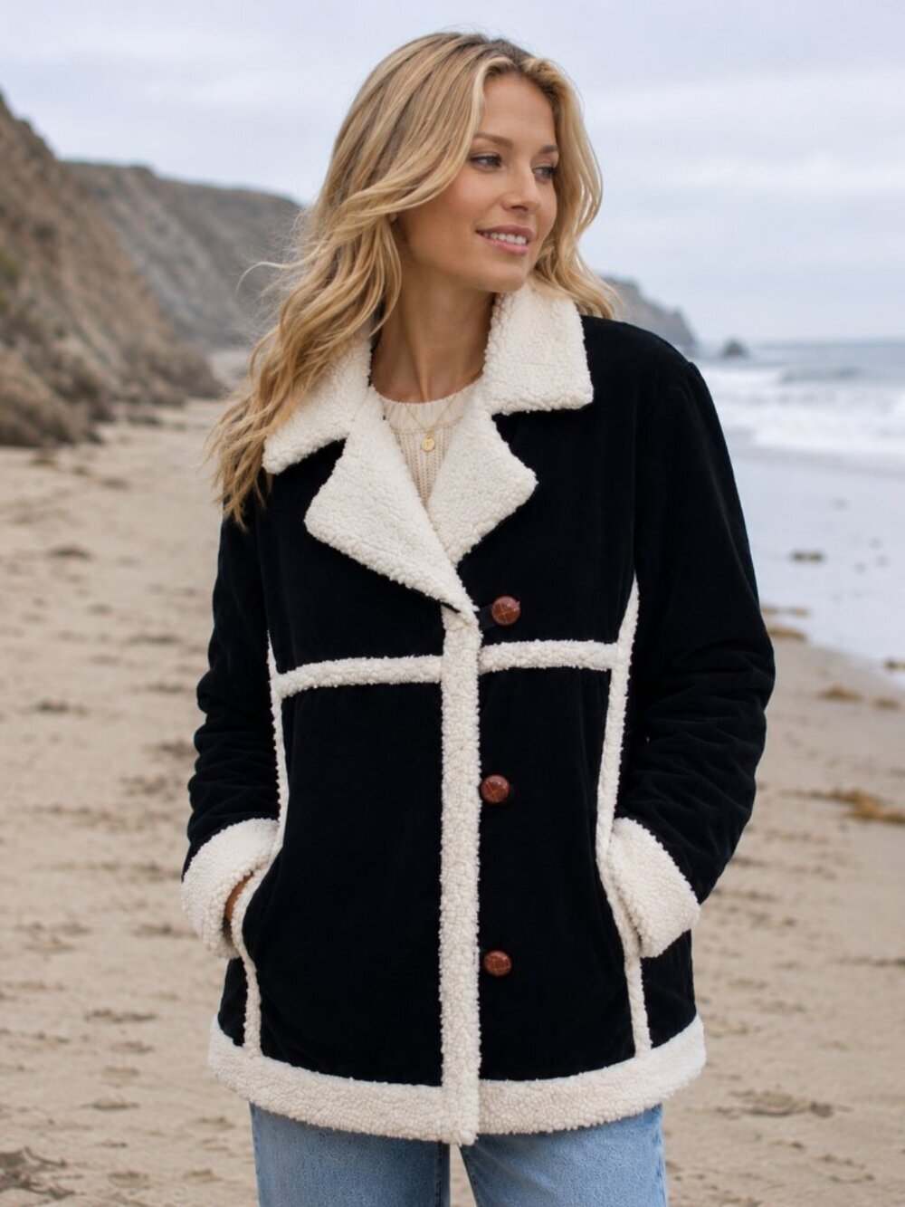 Rip Curl Sherpa Trim Corduroy Jacket Coat Black Cream Cozy Y2K Surf Boho Large